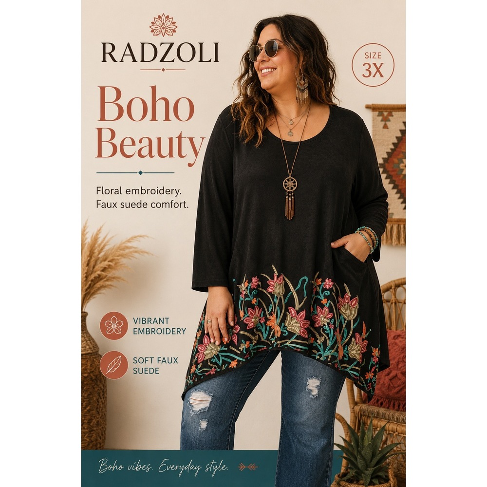 NEW Radzoli Black Faux Suede Floral Embroidered Tunic Top Plus Size 3X